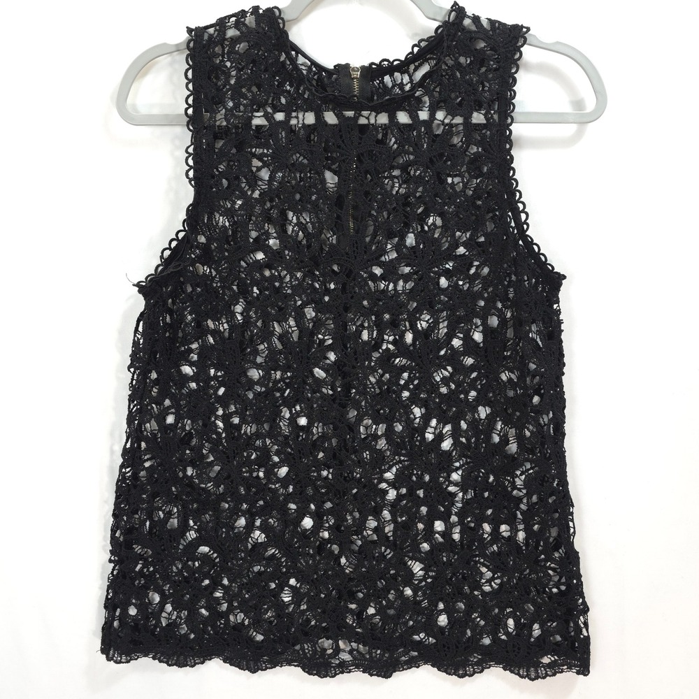 Black Crochet Lace Sleeveless Top Women S M Boho Sheer Zip Back Indie Sleaze - Picture 1 of 6
